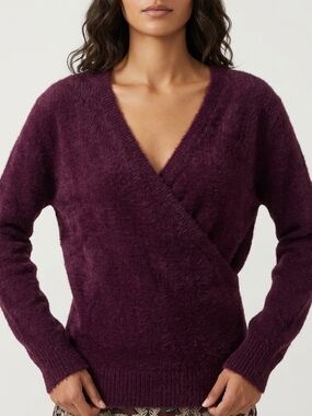 GAP Deep Plum Faux-Fur Wrap V-Neck Sweater Size Med